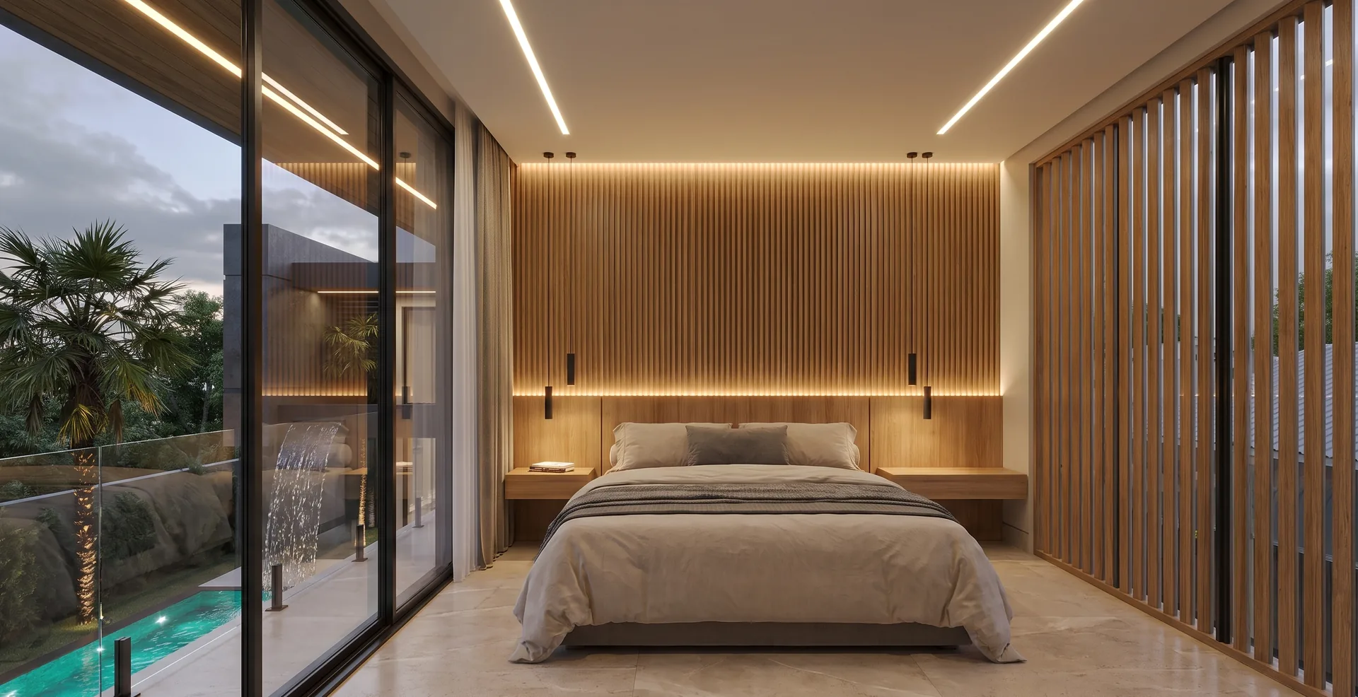 Master bedroom with an oak slat headboard wall and sliding glass onto a private balcony overlooking the pool
