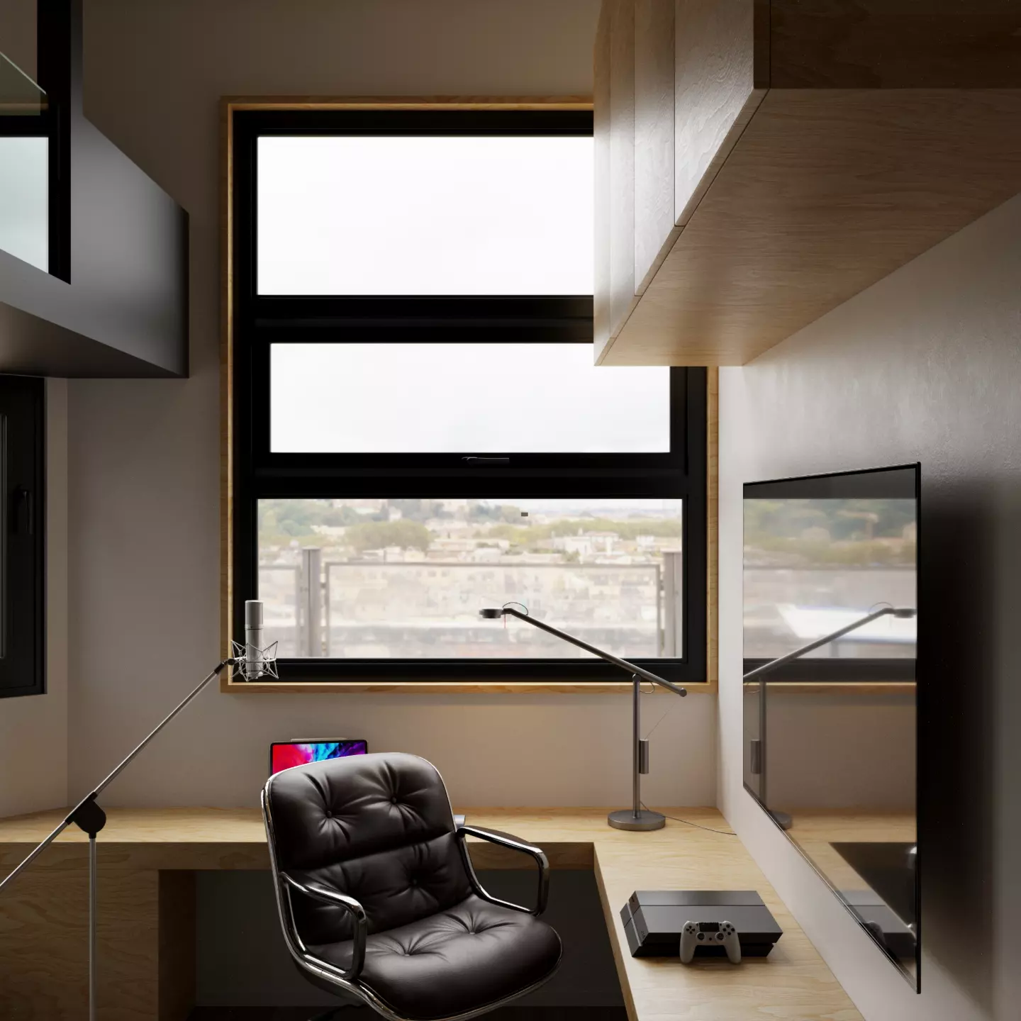 Compact broadcast studio with a tufted leather chair, oak desk, wall-mounted screen and a city view
